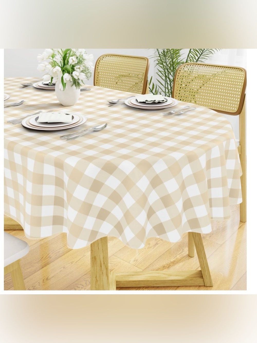 Buffalo Plaid Vinyl Tablecloth Flannel Back Wipeable OVAL 60x84” BEIGE WHITE
